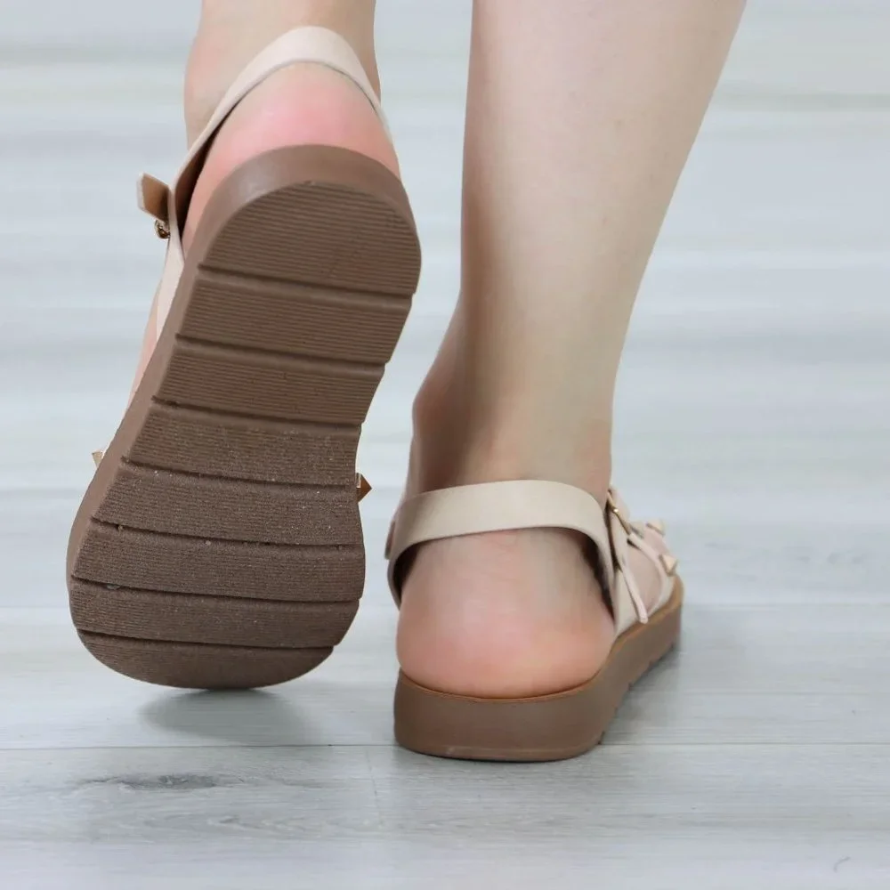 Nude Metal Stud Trendy Comfy Flat Gladiator Sandal Slip On Sliders - Picture 8 of 11